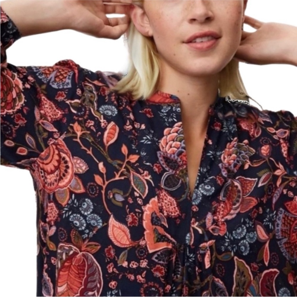 LOFT Small Split Neck Navy Coral Boho Floral Long Sleeve Blouse